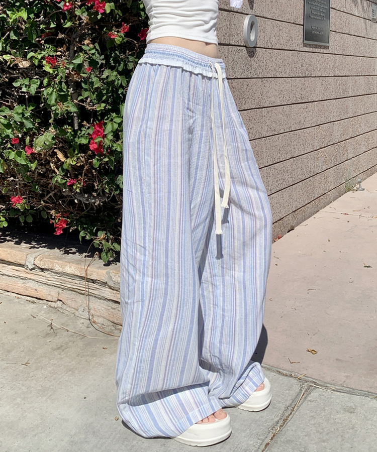 핀트 스트라이프 프릴 와이드 팬츠 레이스 밴딩 바지 끈조절 리본 롱팬츠 하체커버 하비추천 체형커버 데일리룩 봄신상봄팬츠 소라