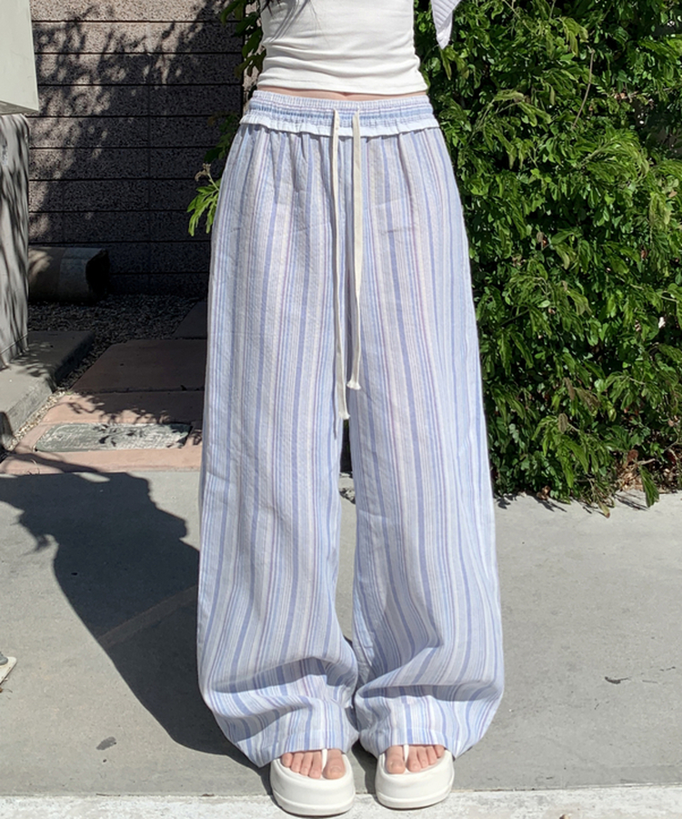 핀트 스트라이프 프릴 와이드 팬츠 레이스 밴딩 바지 끈조절 리본 롱팬츠 하체커버 하비추천 체형커버 데일리룩 봄신상봄팬츠 소라
