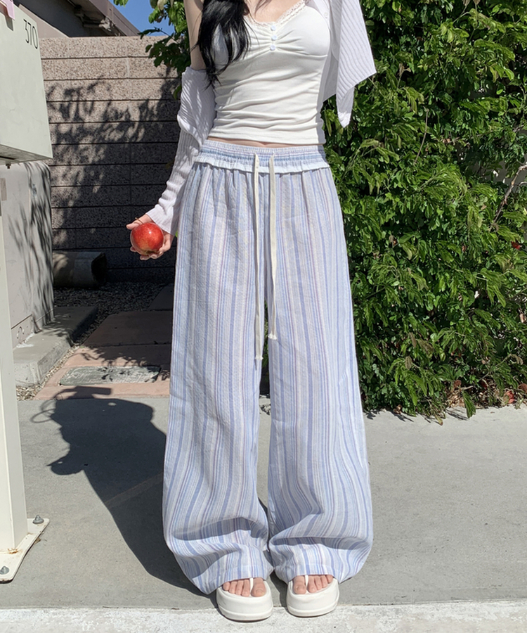 핀트 스트라이프 프릴 와이드 팬츠 레이스 밴딩 바지 끈조절 리본 롱팬츠 하체커버 하비추천 체형커버 데일리룩 봄신상봄팬츠 소라