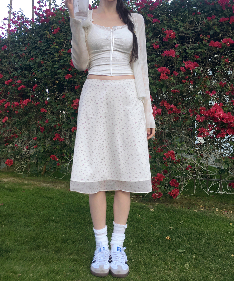 미하 플라워 미디 스커트 치마 시스루 레이어드 밴딩 데이트룩 벚꽃룩 빈티지 모리걸 체형커버 하체커버 하비추천 봄신상봄코디봄스커트 아이보리