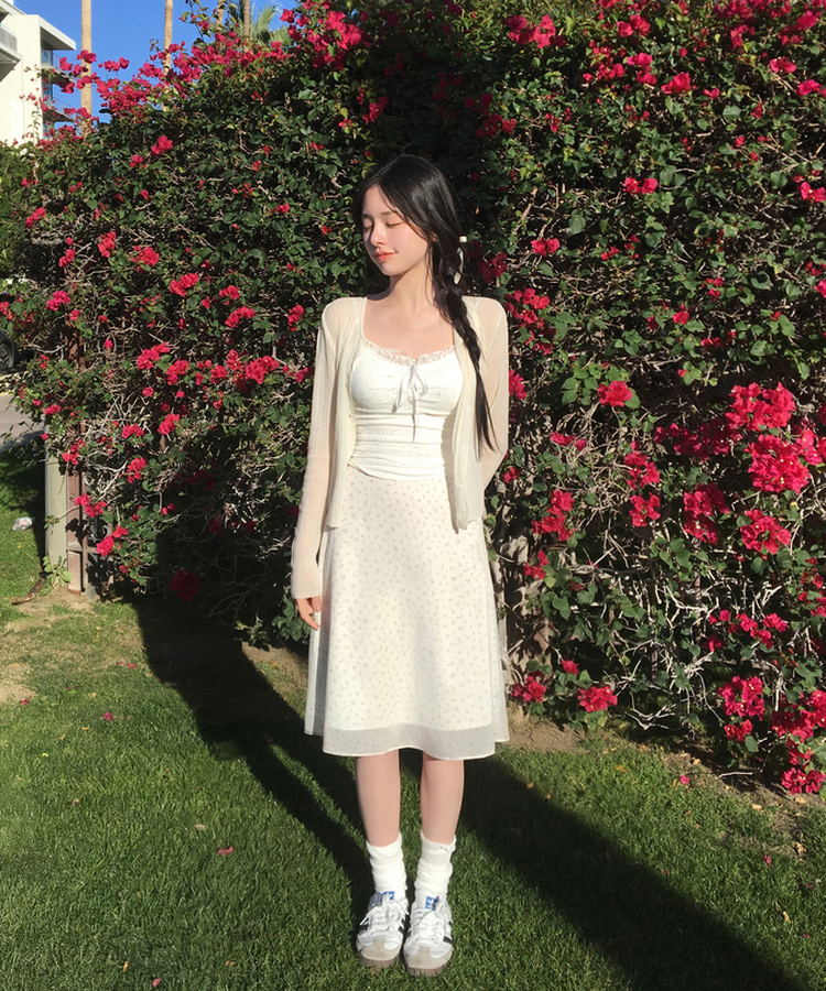 미하 플라워 미디 스커트 치마 시스루 레이어드 밴딩 데이트룩 벚꽃룩 빈티지 모리걸 체형커버 하체커버 하비추천 봄신상봄코디봄스커트 아이보리