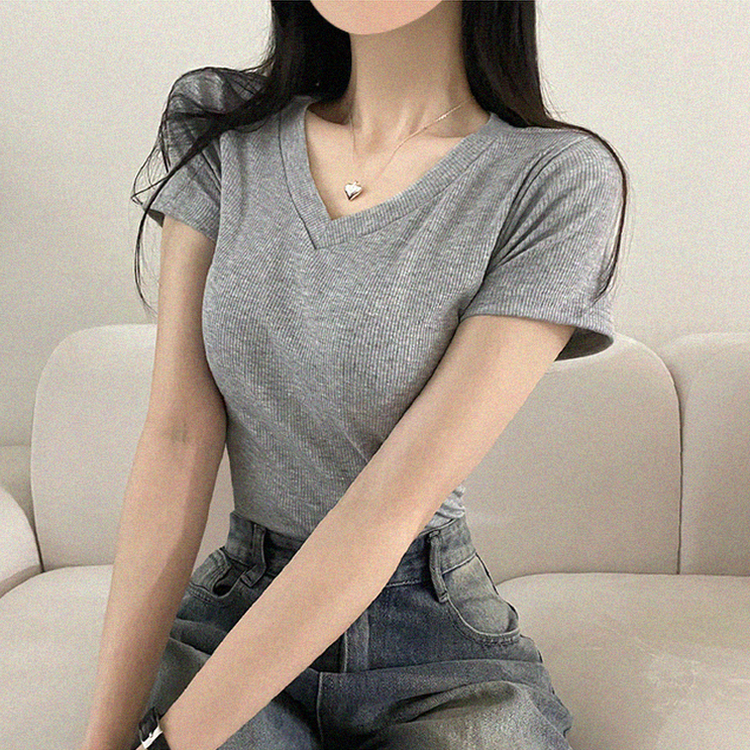 Vネックベーシックリブ半袖ニットTシャツ MELANGE