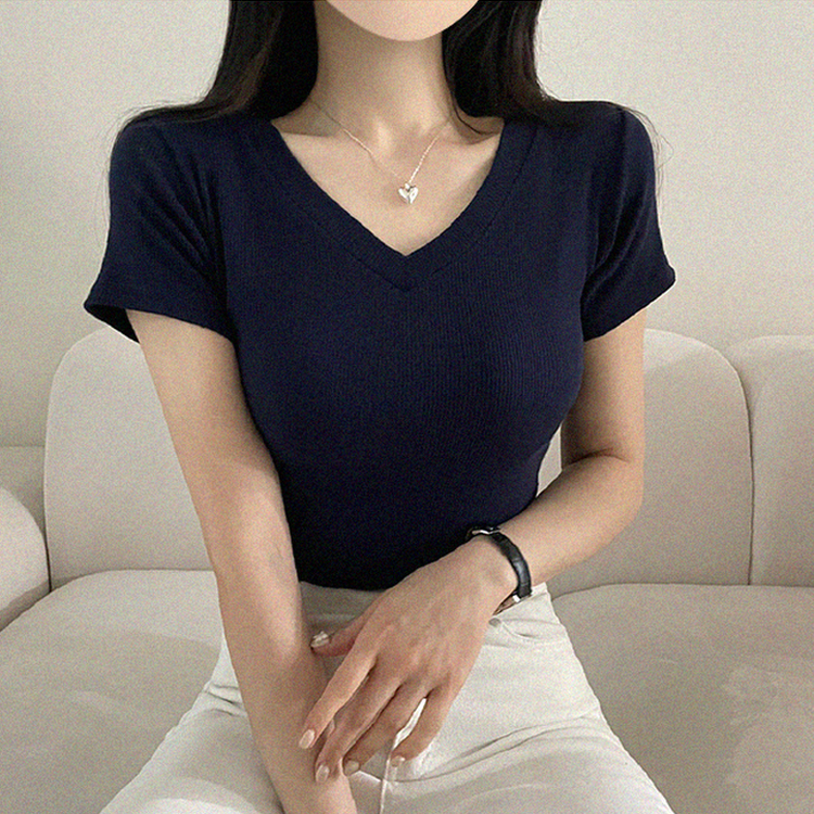 Vネックベーシックリブ半袖ニットTシャツ DARK BLUE
