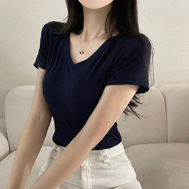 Vネックベーシックリブ半袖ニットTシャツ DARK BLUE