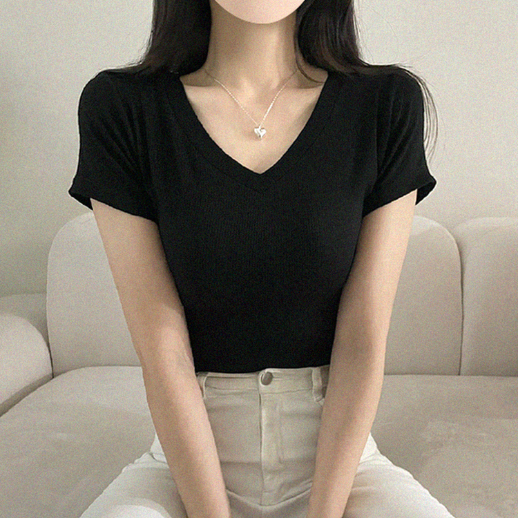Vネックベーシックリブ半袖ニットTシャツ BLACK