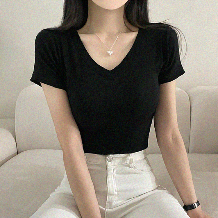 Vネックベーシックリブ半袖ニットTシャツ BLACK