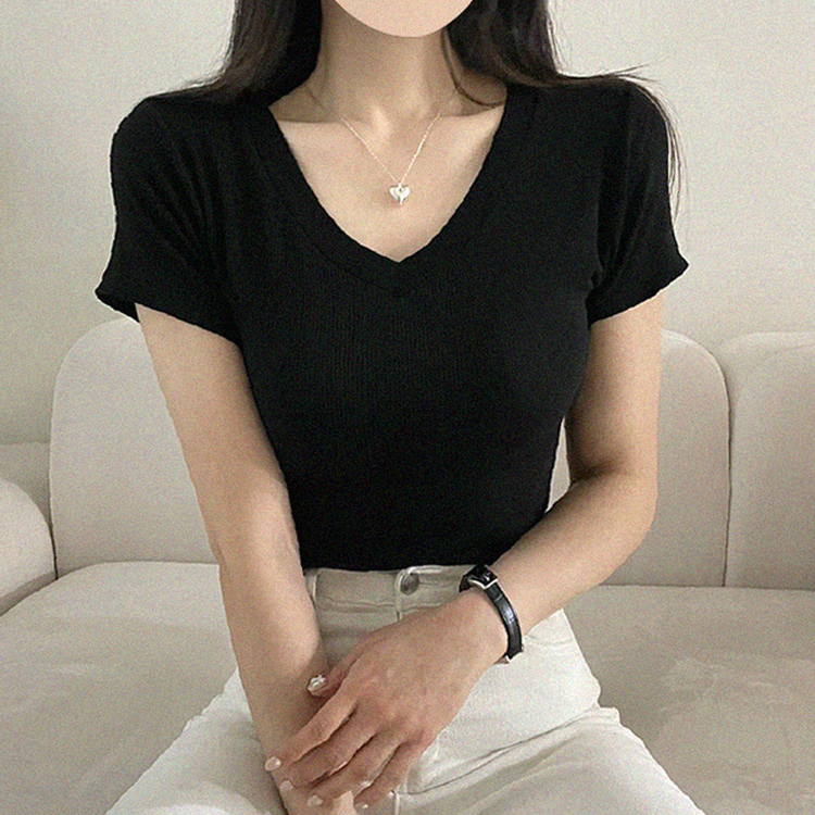 Vネックベーシックリブ半袖ニットTシャツ BLACK