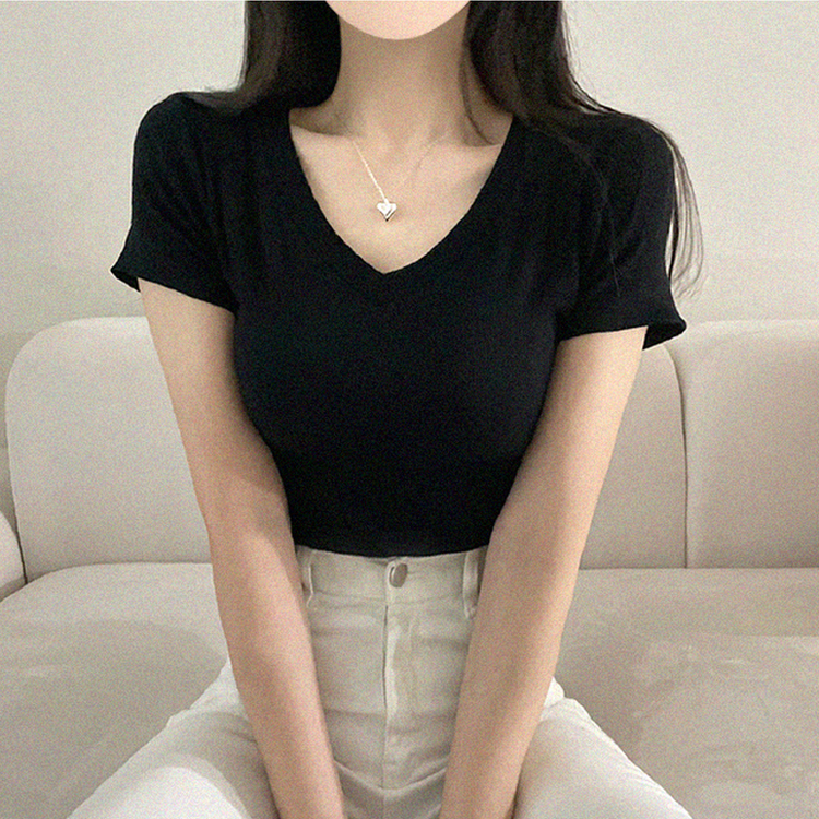 Vネックベーシックリブ半袖ニットTシャツ BLACK
