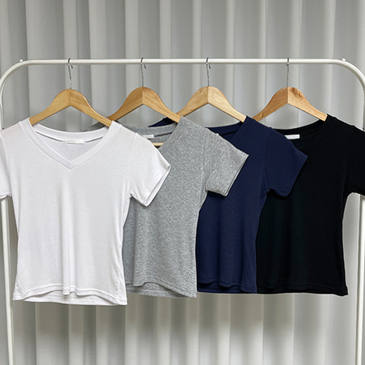 Vネックベーシックリブ半袖ニットTシャツ