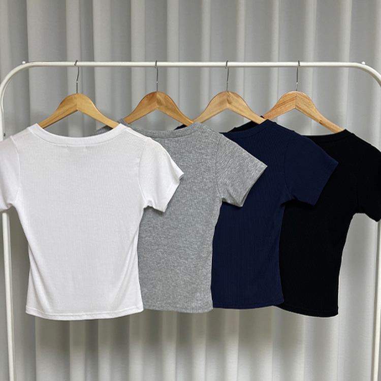 Vネックベーシックリブ半袖ニットTシャツ
