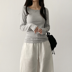 Uネックボーダーラウンド長袖Tシャツ GREY