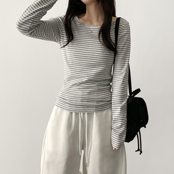 Uネックボーダーラウンド長袖Tシャツ GREY