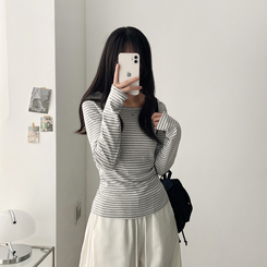 Uネックボーダーラウンド長袖Tシャツ GREY