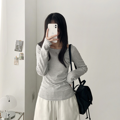 Uネックボーダーラウンド長袖Tシャツ GREY