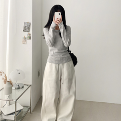 Uネックボーダーラウンド長袖Tシャツ GREY