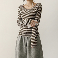 Uネックボーダーラウンド長袖Tシャツ KHAKI