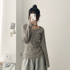 Uネックボーダーラウンド長袖Tシャツ KHAKI