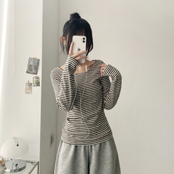 Uネックボーダーラウンド長袖Tシャツ KHAKI