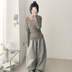 Uネックボーダーラウンド長袖Tシャツ KHAKI