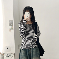 Uネックボーダーラウンド長袖Tシャツ BLACK