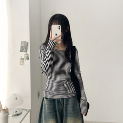 Uネックボーダーラウンド長袖Tシャツ BLACK