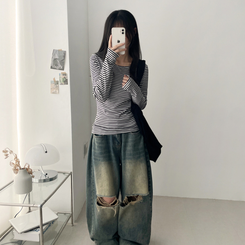 Uネックボーダーラウンド長袖Tシャツ BLACK