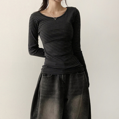 Uネックボーダーラウンド長袖Tシャツ CHARCOAL