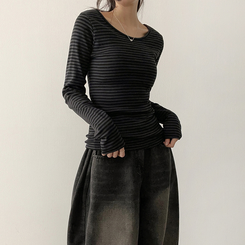 Uネックボーダーラウンド長袖Tシャツ CHARCOAL