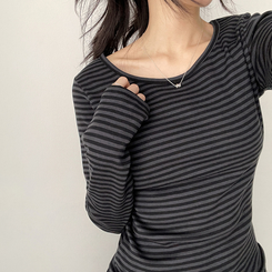 Uネックボーダーラウンド長袖Tシャツ CHARCOAL