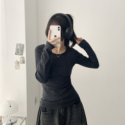 Uネックボーダーラウンド長袖Tシャツ CHARCOAL