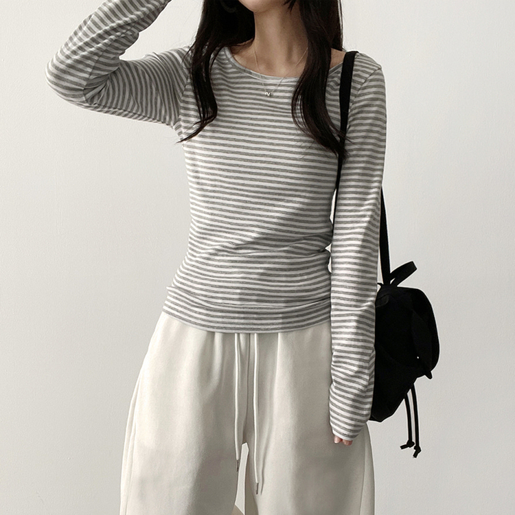 Uネックボーダーラウンド長袖Tシャツ GREY