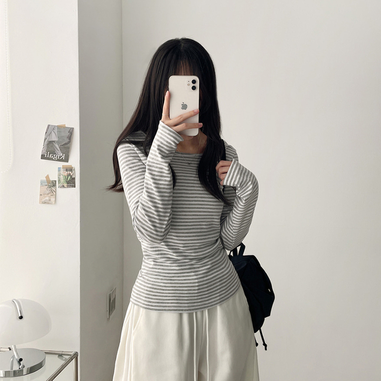 Uネックボーダーラウンド長袖Tシャツ GREY