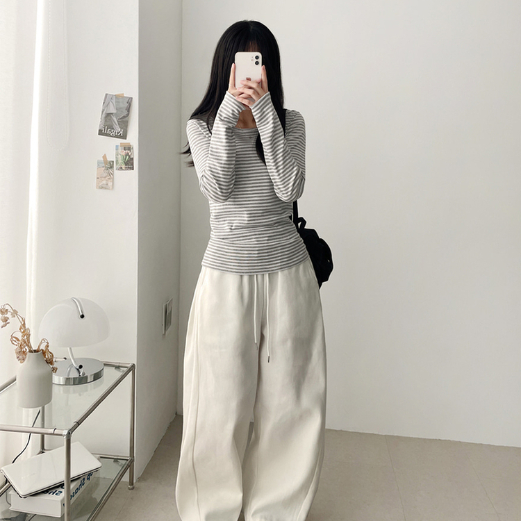 Uネックボーダーラウンド長袖Tシャツ GREY