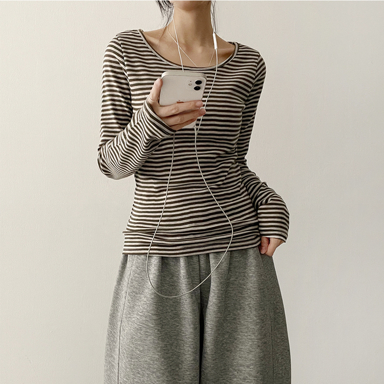 Uネックボーダーラウンド長袖Tシャツ KHAKI