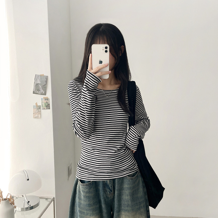 Uネックボーダーラウンド長袖Tシャツ BLACK