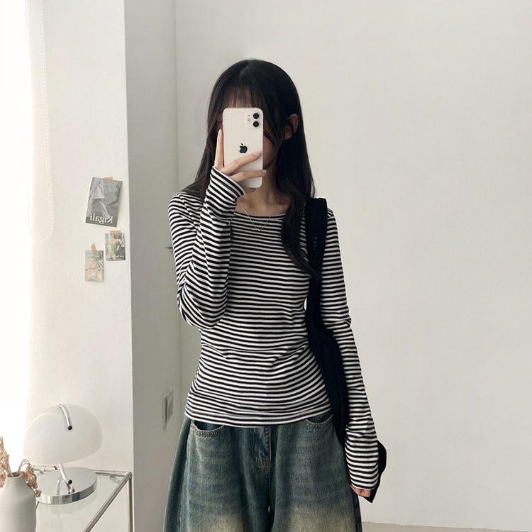 Uネックボーダーラウンド長袖Tシャツ BLACK