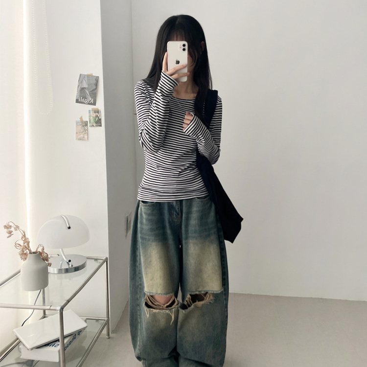 Uネックボーダーラウンド長袖Tシャツ BLACK