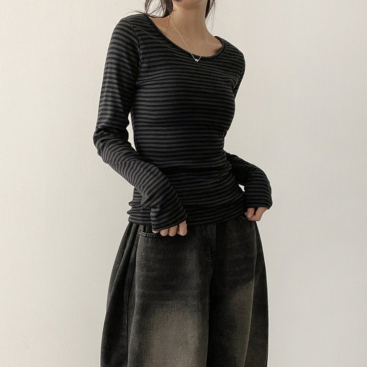 Uネックボーダーラウンド長袖Tシャツ CHARCOAL