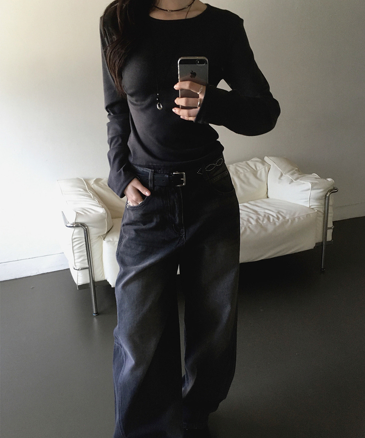 ウォッシュバルーンワイドデニムパンツ(5color) BLACK DENIM