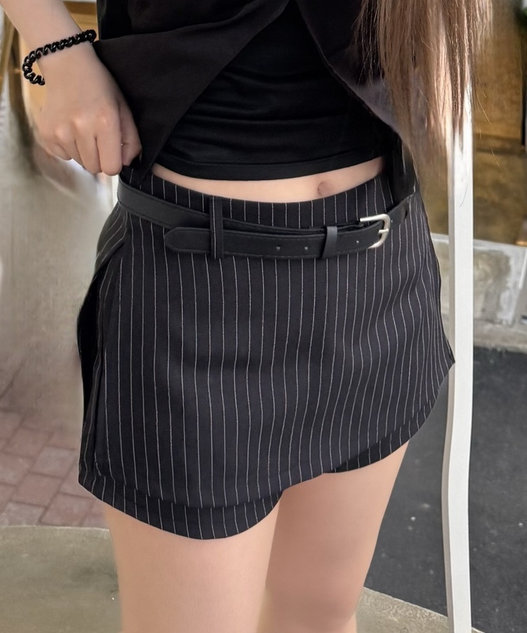 【+벨트】스트라이프 미니 치마바지 블랙