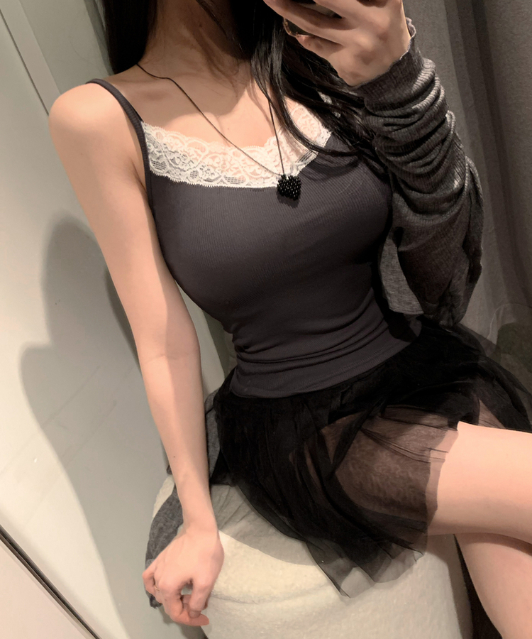 미렌 레이스 잔골지 슬리브리스 나시탑 차콜