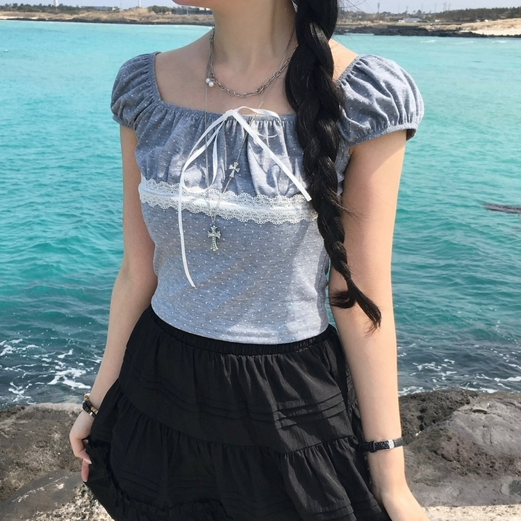 오프숄더 리본 도트 세미크롭 나시 반팔티셔츠 여름 키치 그레이