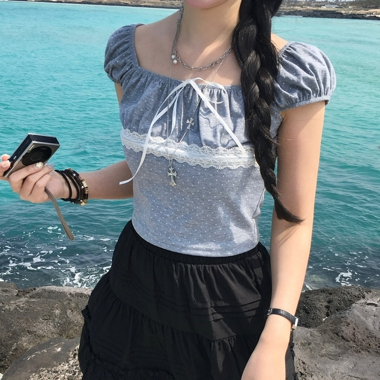 오프숄더 리본 도트 세미크롭 나시 반팔티셔츠 여름 키치 그레이