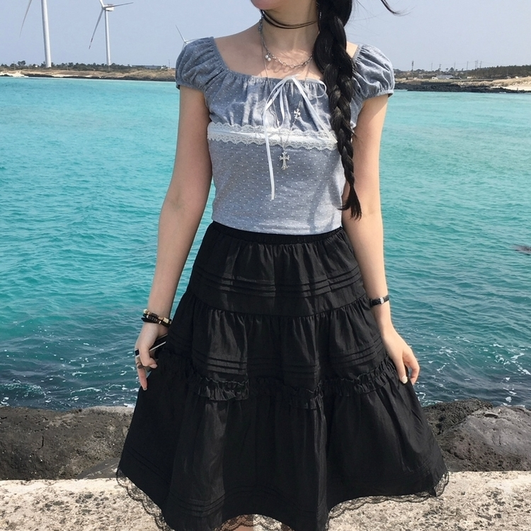 오프숄더 리본 도트 세미크롭 나시 반팔티셔츠 여름 키치 그레이