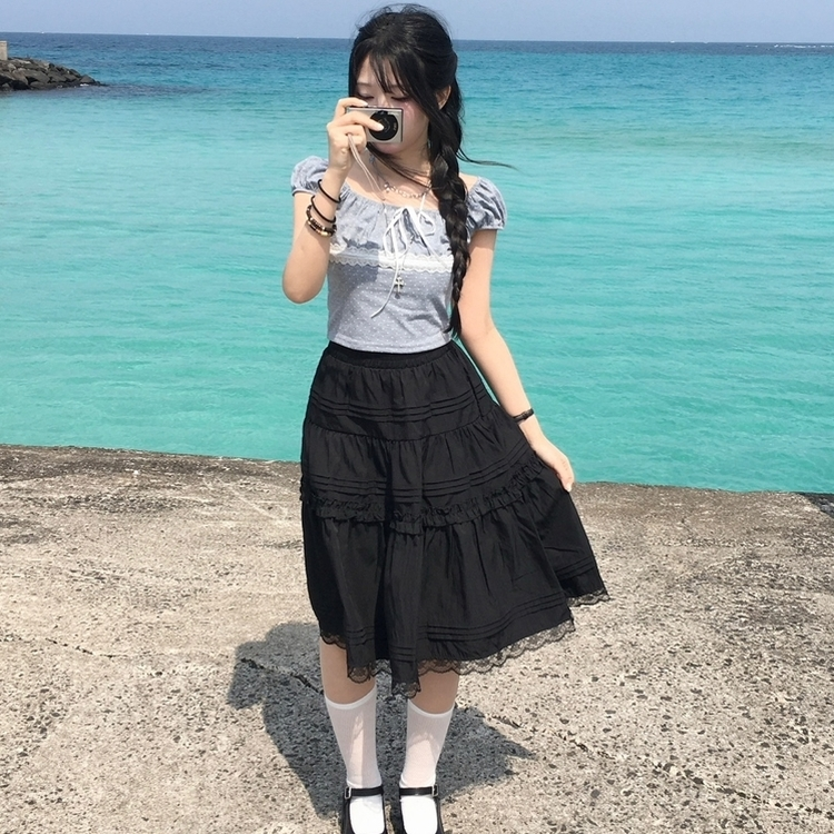 오프숄더 리본 도트 세미크롭 나시 반팔티셔츠 여름 키치 그레이