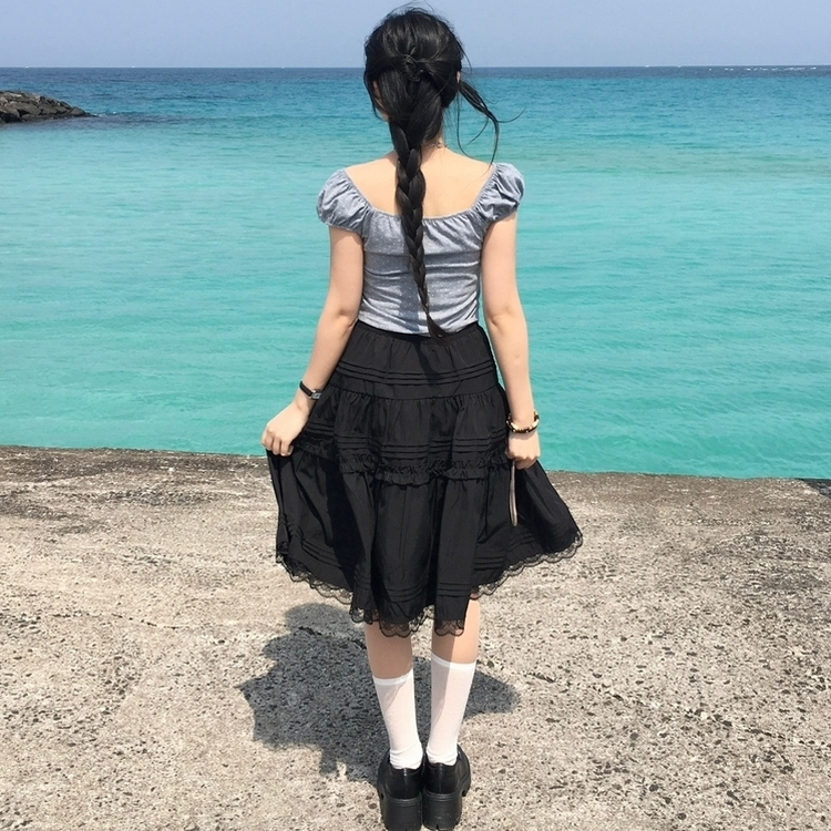 오프숄더 리본 도트 세미크롭 나시 반팔티셔츠 여름 키치 그레이