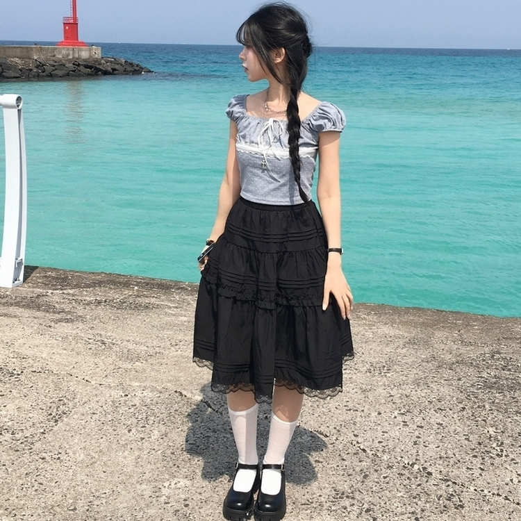 오프숄더 리본 도트 세미크롭 나시 반팔티셔츠 여름 키치 그레이