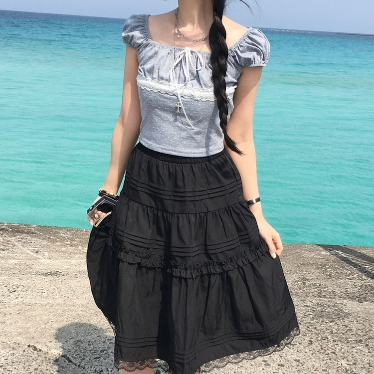 오프숄더 리본 도트 세미크롭 나시 반팔티셔츠 여름 키치 그레이