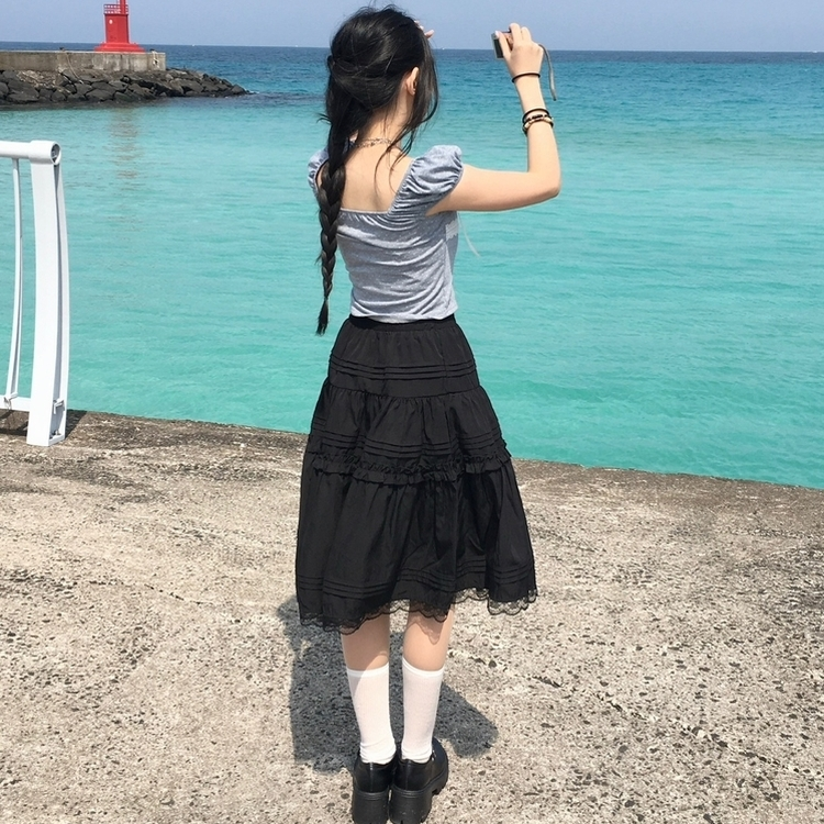 오프숄더 리본 도트 세미크롭 나시 반팔티셔츠 여름 키치 그레이