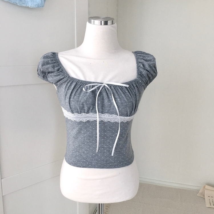 오프숄더 리본 도트 세미크롭 나시 반팔티셔츠 여름 키치